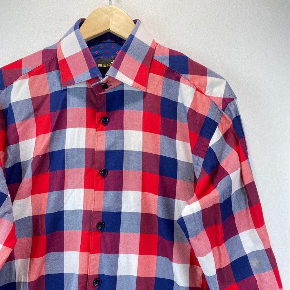 Bertigo Large Check Plaid Button Down Mens L Red White Blue Long Sleeve Shirt
